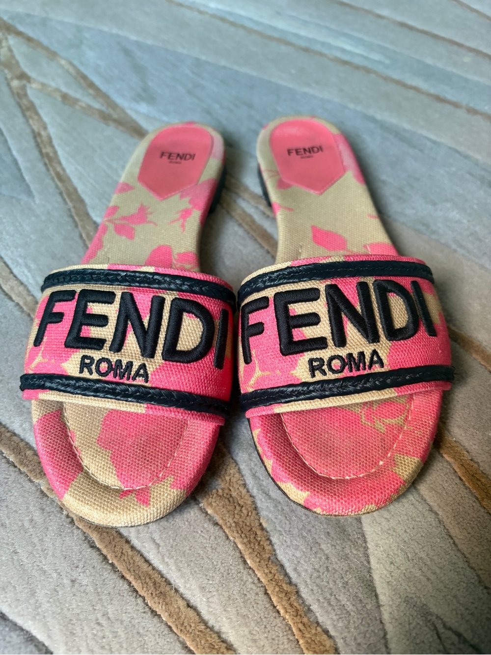 Fendi Canvas Slide Mules in Pink and Beige with Black Logo